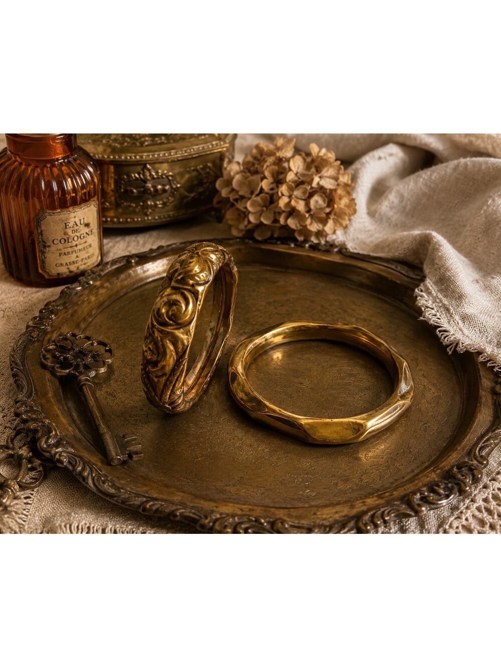 Vintage Gold Tone Bracelet Bundle Set of 2 Boho Statement Bangles